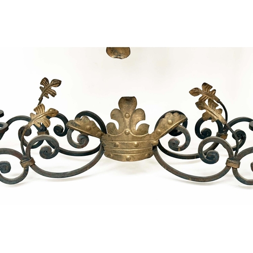 254 - SPANISH CONSOLE TABLE, wrought iron,  marble top, and gilt metal with allover scroll decoration, cen... 