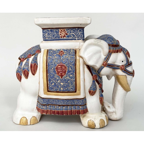 255 - ELEPHANT STOOLS, a pair, Chinese ceramic modelled as ceremonial elephants, 45cm H x 55cm W x 25cm D.... 