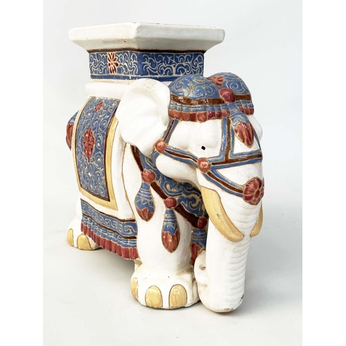 255 - ELEPHANT STOOLS, a pair, Chinese ceramic modelled as ceremonial elephants, 45cm H x 55cm W x 25cm D.... 