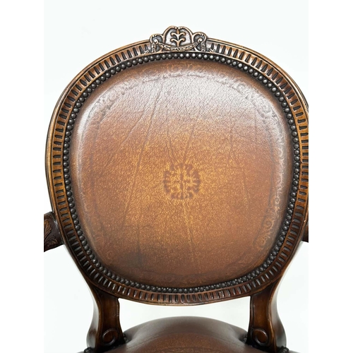 258 - THEODORE ALEXANDER DESK CHAIR, mahogany and embossed tan leather, 61cm W.