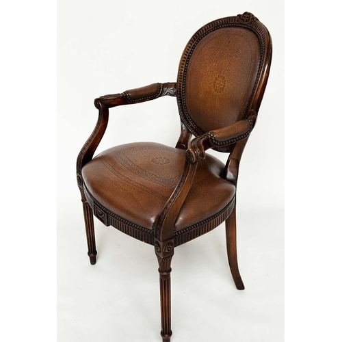 258 - THEODORE ALEXANDER DESK CHAIR, mahogany and embossed tan leather, 61cm W.