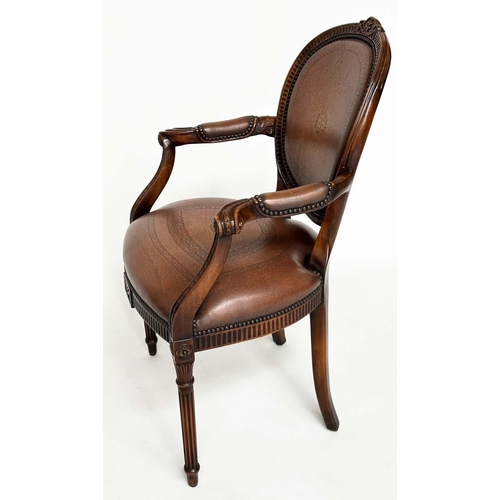 258 - THEODORE ALEXANDER DESK CHAIR, mahogany and embossed tan leather, 61cm W.