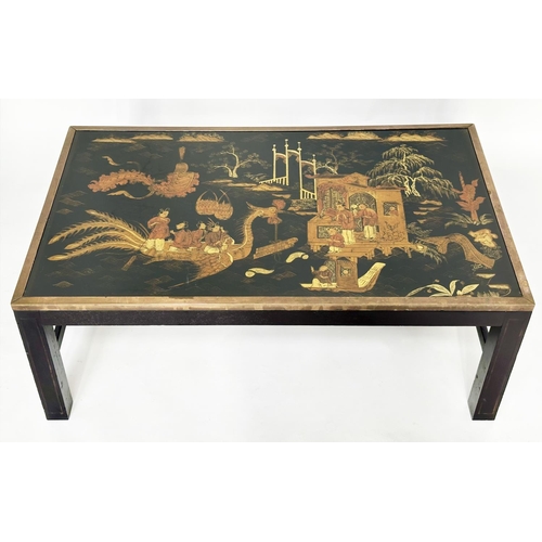 259 - LOW TABLE, verre eglomise panelled and brass bound Chinese with temples, figures and phoenix, 110cm ... 