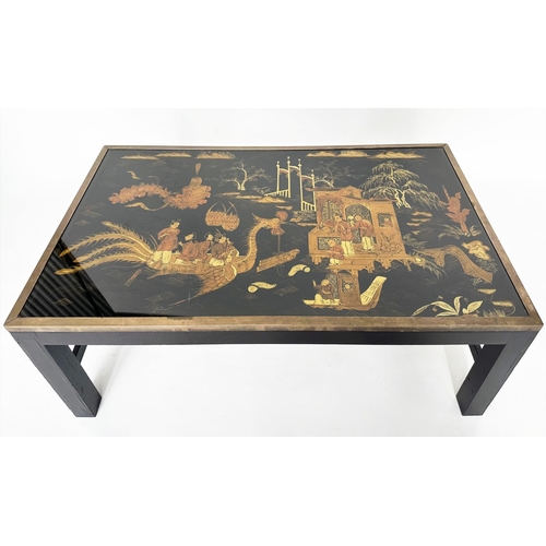 259 - LOW TABLE, verre eglomise panelled and brass bound Chinese with temples, figures and phoenix, 110cm ... 