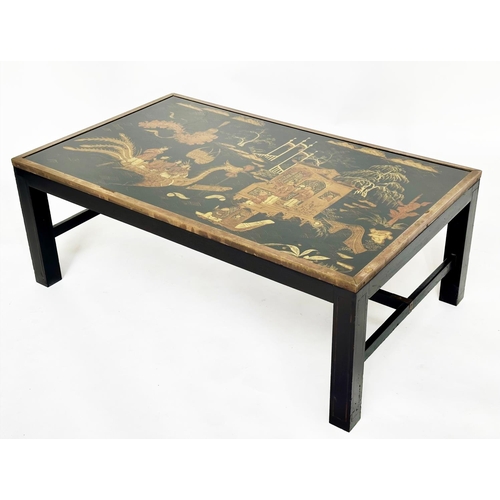 259 - LOW TABLE, verre eglomise panelled and brass bound Chinese with temples, figures and phoenix, 110cm ... 