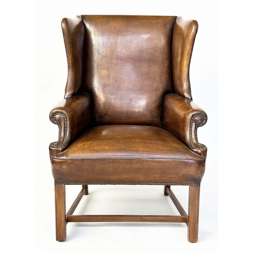 260 - WING ARMCHAIR, early George III design mahogany with brass studded naturally faded mid brown leather... 