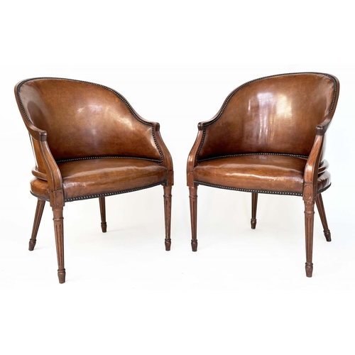 263 - LIBRARY ARMCHAIRS, a pair, George III design mahogany with studded mid tan buttoned upholstery with ... 