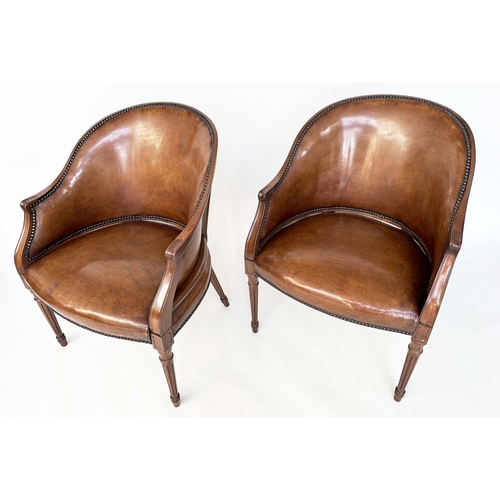 263 - LIBRARY ARMCHAIRS, a pair, George III design mahogany with studded mid tan buttoned upholstery with ... 