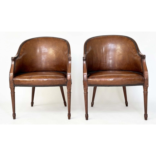 263 - LIBRARY ARMCHAIRS, a pair, George III design mahogany with studded mid tan buttoned upholstery with ... 