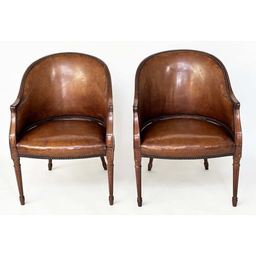 263 - LIBRARY ARMCHAIRS, a pair, George III design mahogany with studded mid tan buttoned upholstery with ... 