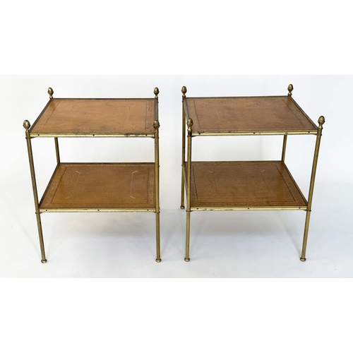 264 - LAMP TABLES, a pair, Regency style gilt metal each with two gilt tooled leather shelves and reeded s... 