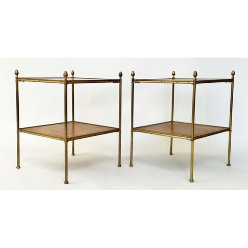 264 - LAMP TABLES, a pair, Regency style gilt metal each with two gilt tooled leather shelves and reeded s... 