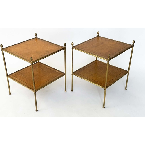 264 - LAMP TABLES, a pair, Regency style gilt metal each with two gilt tooled leather shelves and reeded s... 