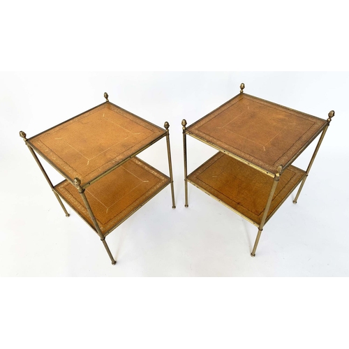 264 - LAMP TABLES, a pair, Regency style gilt metal each with two gilt tooled leather shelves and reeded s... 