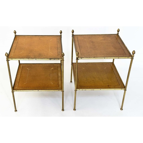 264 - LAMP TABLES, a pair, Regency style gilt metal each with two gilt tooled leather shelves and reeded s... 