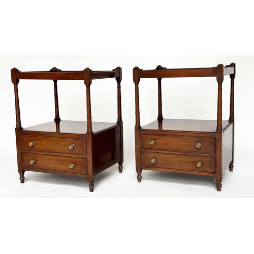 266 - LAMP TABLES, a pair, George III design figured mahogany, each with two tiers, gallery and two drawer... 