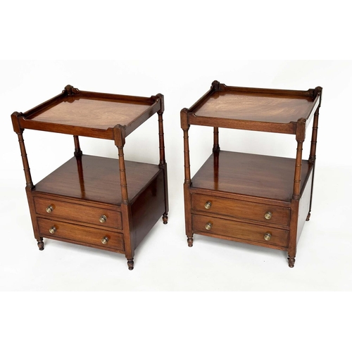 266 - LAMP TABLES, a pair, George III design figured mahogany, each with two tiers, gallery and two drawer... 