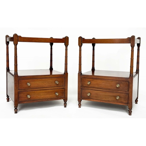 266 - LAMP TABLES, a pair, George III design figured mahogany, each with two tiers, gallery and two drawer... 