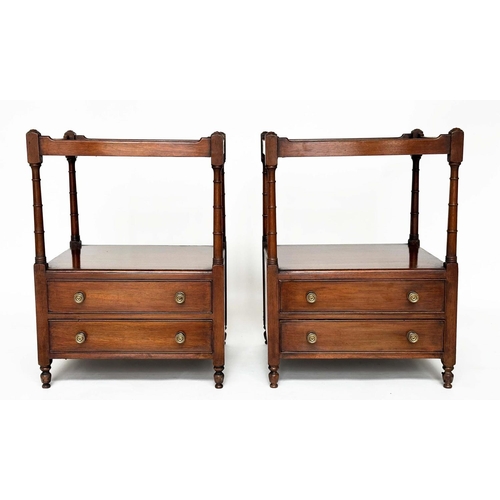 266 - LAMP TABLES, a pair, George III design figured mahogany, each with two tiers, gallery and two drawer... 