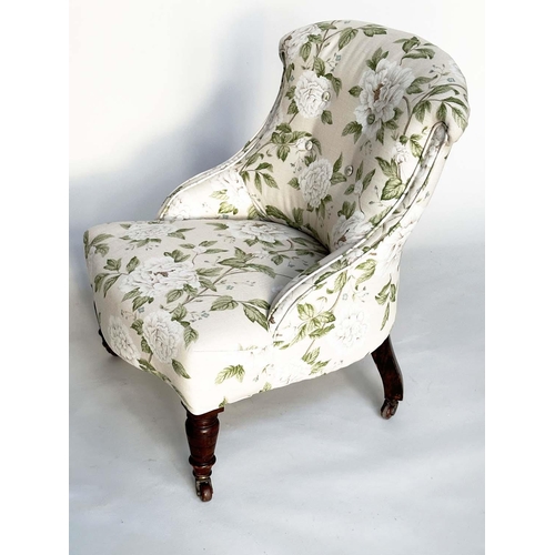 267 - ARMCHAIR, Victorian walnut with Country House rose and foliate printed upholstery with ring-turned f... 