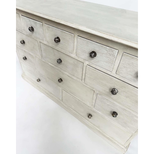 273 - LOW CHEST, Georgian style traditionally grey painted with an arrangement of eleven drawers, 125cm W ... 