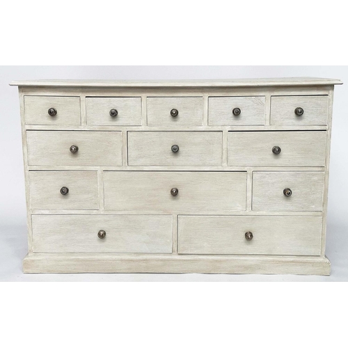 273 - LOW CHEST, Georgian style traditionally grey painted with an arrangement of eleven drawers, 125cm W ... 