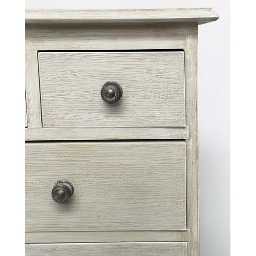 273 - LOW CHEST, Georgian style traditionally grey painted with an arrangement of eleven drawers, 125cm W ... 