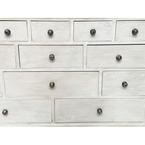 273 - LOW CHEST, Georgian style traditionally grey painted with an arrangement of eleven drawers, 125cm W ... 