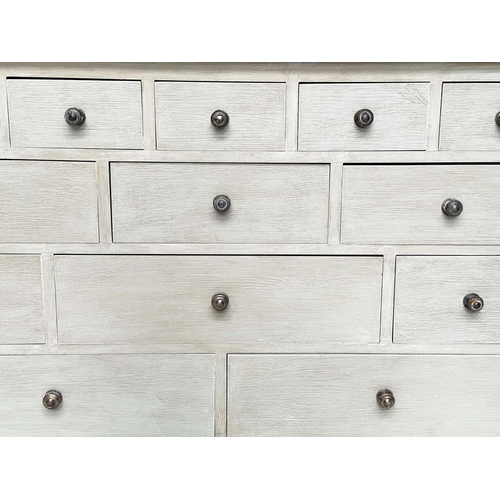 273 - LOW CHEST, Georgian style traditionally grey painted with an arrangement of eleven drawers, 125cm W ... 