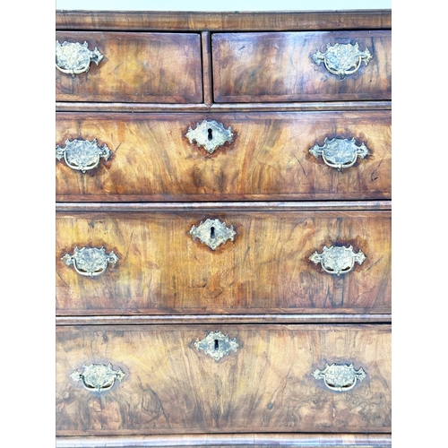 279 - CHEST, early 18th century English Queen Anne figured walnut and crossbanded with two short and three... 