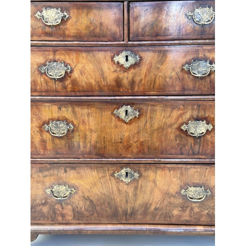 279 - CHEST, early 18th century English Queen Anne figured walnut and crossbanded with two short and three... 