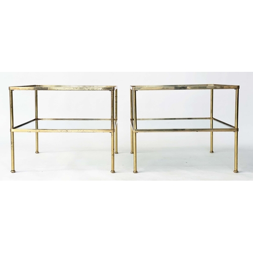 280 - LAMP TABLES, a pair, 1970s, gilt metal, square with two glazed tiers and capped tubular supports, 50... 