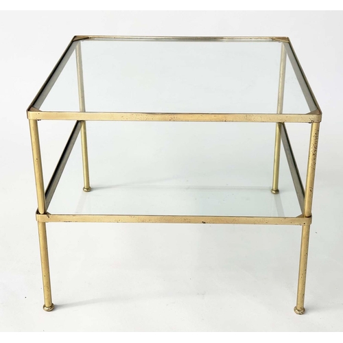 280 - LAMP TABLES, a pair, 1970s, gilt metal, square with two glazed tiers and capped tubular supports, 50... 