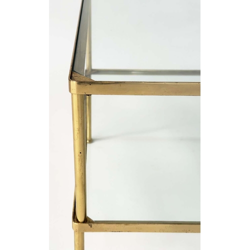 280 - LAMP TABLES, a pair, 1970s, gilt metal, square with two glazed tiers and capped tubular supports, 50... 