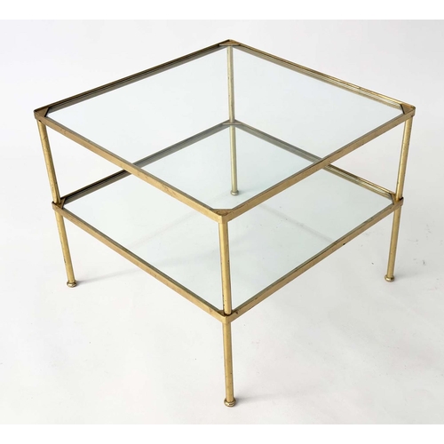 280 - LAMP TABLES, a pair, 1970s, gilt metal, square with two glazed tiers and capped tubular supports, 50... 