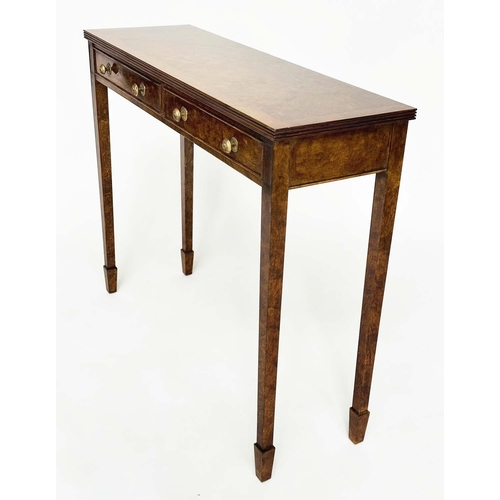 282 - HALL TABLE, George III design burr walnut and crossbanded with two frieze drawers and square taperin... 