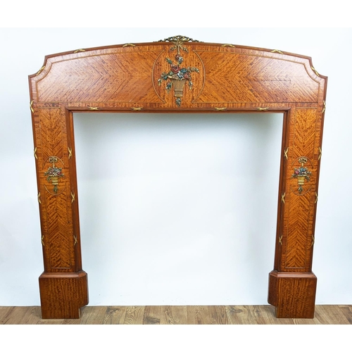 288 - FIRE SURROUND, early 20th century satin wood, polychrome and gilt heightened ornately decorated with... 