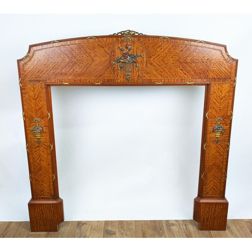 288 - FIRE SURROUND, early 20th century satin wood, polychrome and gilt heightened ornately decorated with... 