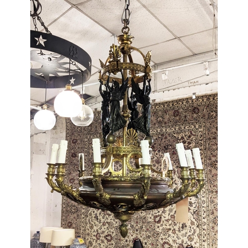 290 - CHANDELIER, 110cm H x 75cm W, French Empire style patinated and gilt metal with angel and wreath det... 