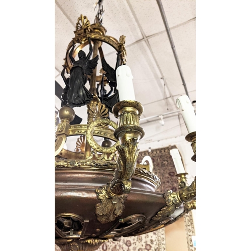 290 - CHANDELIER, 110cm H x 75cm W, French Empire style patinated and gilt metal with angel and wreath det... 