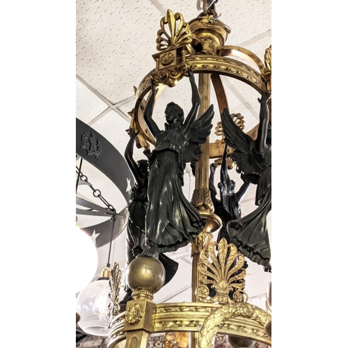 290 - CHANDELIER, 110cm H x 75cm W, French Empire style patinated and gilt metal with angel and wreath det... 