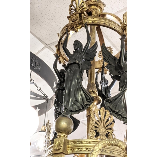 290 - CHANDELIER, 110cm H x 75cm W, French Empire style patinated and gilt metal with angel and wreath det... 