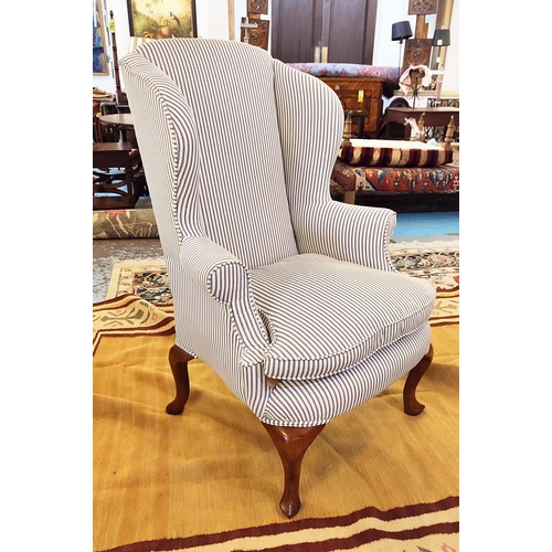 297 - WING ARMCHAIR, Queen Anne style, newly upholstered in ticking fabric, 118cm H x 78cm.