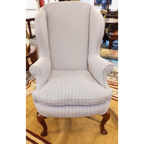 297 - WING ARMCHAIR, Queen Anne style, newly upholstered in ticking fabric, 118cm H x 78cm.