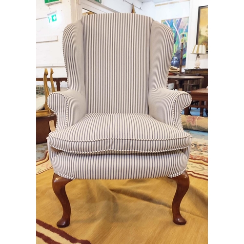 297 - WING ARMCHAIR, Queen Anne style, newly upholstered in ticking fabric, 118cm H x 78cm.