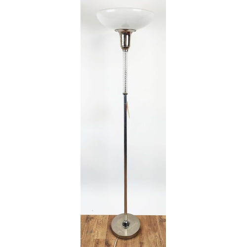 357 - FLOOR LAMP, Art Deco style, chrome, Wrythen glass to column, opaline glass shade, 172cm H.