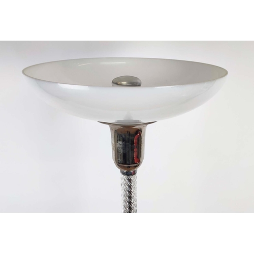 357 - FLOOR LAMP, Art Deco style, chrome, Wrythen glass to column, opaline glass shade, 172cm H.