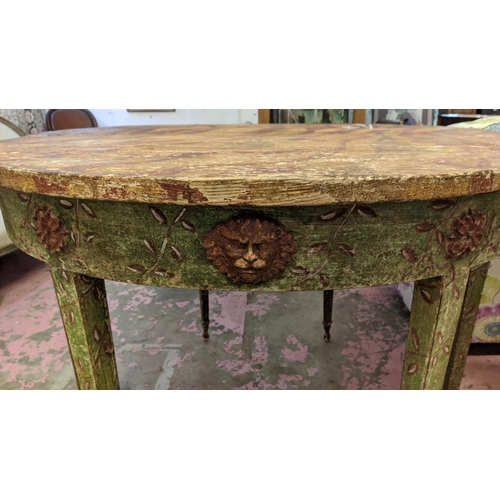 366 - CONSOLE TABLES, a pair, of demi lune form, each with faux marble top, and distressed floral painted ... 