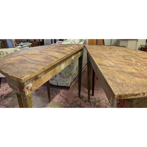 366 - CONSOLE TABLES, a pair, of demi lune form, each with faux marble top, and distressed floral painted ... 