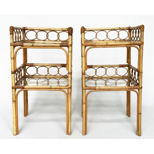 376 - BAMBOO LAMP TABLES, a pair, 1970s bamboo framed and cane bound each with two glass shelves and galle... 